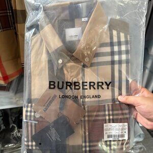 Burberry yellow patchwork shirt in original packaging with buttons included